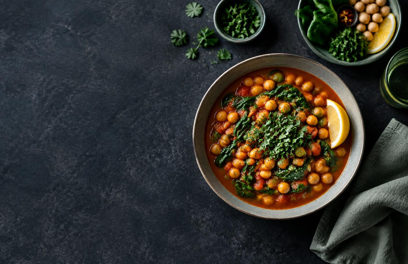 Chickpea and spinach stew on a kitchen table
